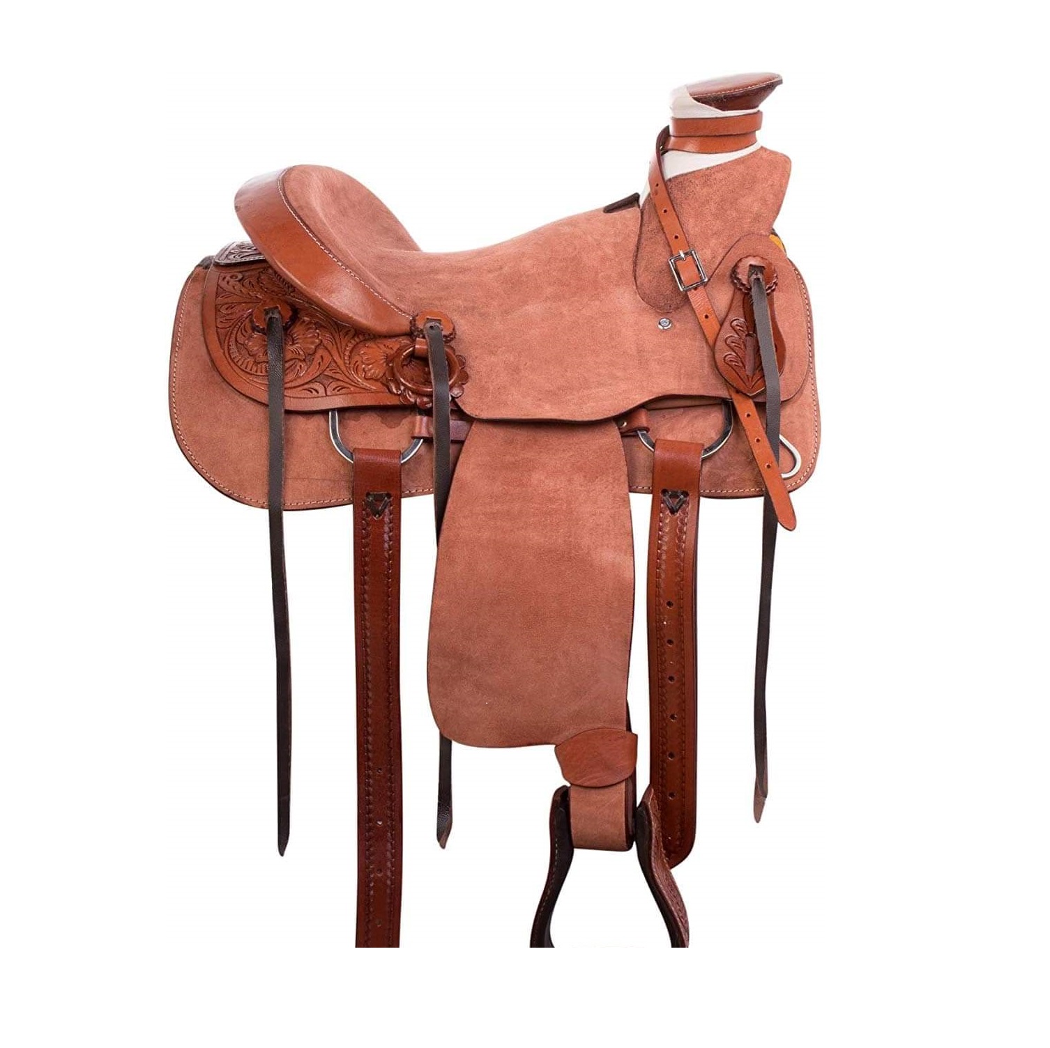 Soft Leather Plastic Tree Hand Tooled Western Horse Saddle with Leather Covered Stirrup Bar